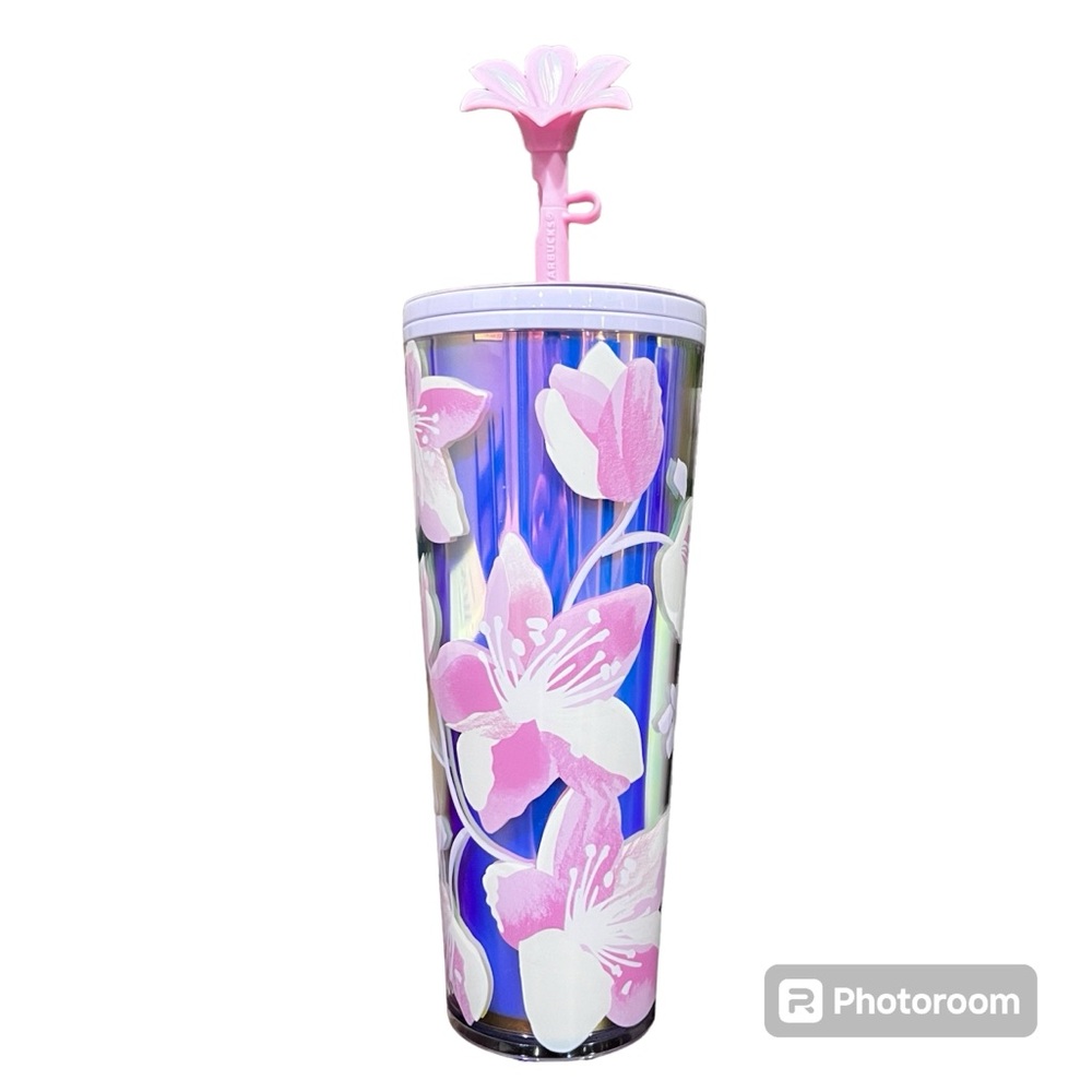🌸Starbucks 2024 Pink Holographic Cherry Blossom Silicone Straw Topper Tumbler